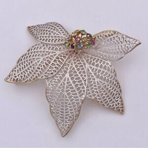 1960’s Era Pastel Rhinestone Two Tone Large Leaf Brooch